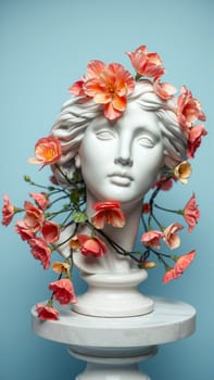 Stone statue covered with spring flowers on isolated background. High quality photo