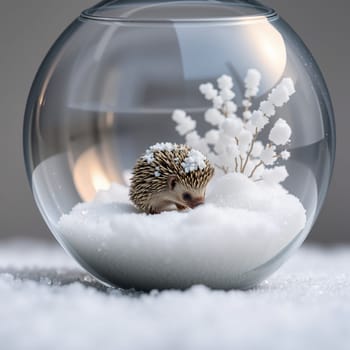 Cute little hedgehog inside a snow globe. High quality photo