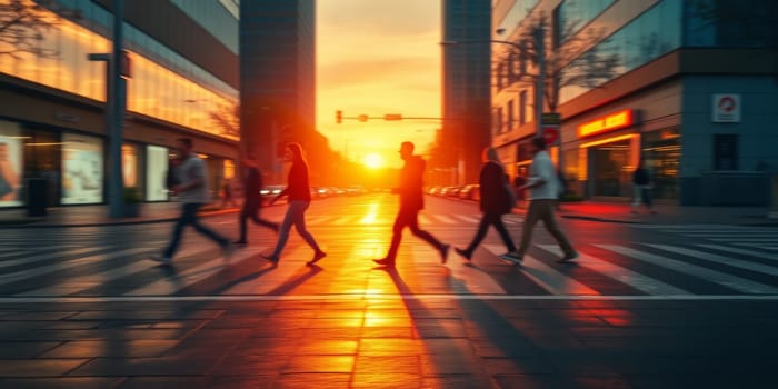 A lot of people walk along the pedestrian crossing during rush hour. High quality photo