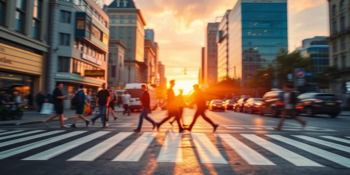 A lot of people walk along the pedestrian crossing during rush hour. High quality photo