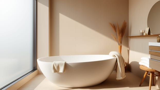 Scandinavian style bathroom interior in light colors. The bathtub is located near the window. High quality photo