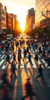 A lot of people walk along the pedestrian crossing during rush hour. High quality photo