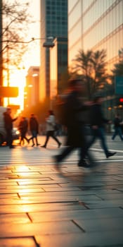 A lot of people walk along the pedestrian crossing during rush hour. High quality photo