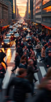A lot of people walk along the pedestrian crossing during rush hour. High quality photo
