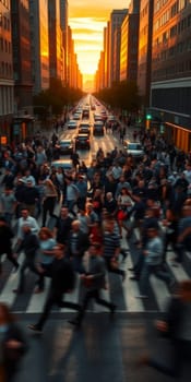 A lot of people walk along the pedestrian crossing during rush hour. High quality photo