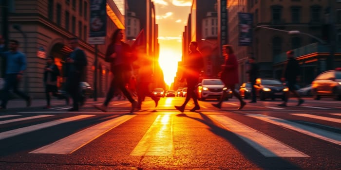 A lot of people walk along the pedestrian crossing during rush hour. High quality photo