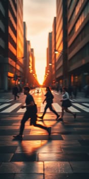 A lot of people walk along the pedestrian crossing during rush hour. High quality photo