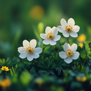 A close-up of delicate white anemone flowers with yellow centers, surrounded by lush green foliage and blurred background in a natural setting.
