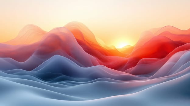 A dreamlike landscape featuring fluid, translucent red and blue dunes with a glowing sunrise, creating an ethereal and futuristic atmosphere.