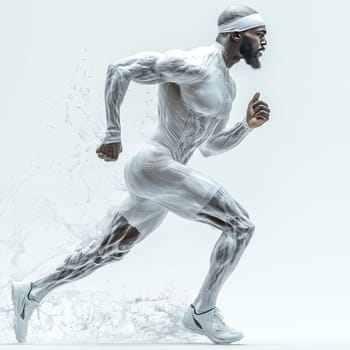 Digital artwork of a powerful runner in white, symbolizing speed, strength, and endurance, with fluid motion effects against a minimalistic background.
