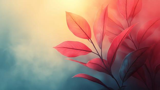 Close-up of red leaves on a branch with warm sunlight and a soft misty background, creating a serene and artistic nature composition.