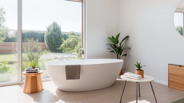 Scandinavian style bathroom interior in light colors. The bathtub is located near the window. High quality photo
