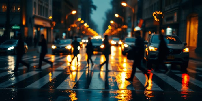 A lot of people walk along the pedestrian crossing during rush hour. High quality photo