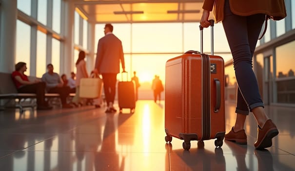 At a colorful sunset, two pieces of luggage are positioned in an airport, reflecting light that accentuates the building's architecture and represents travel and change. . High quality photo