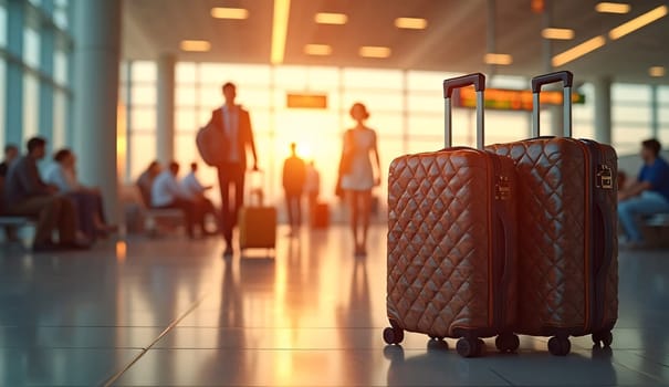 At a colorful sunset, two pieces of luggage are positioned in an airport, reflecting light that accentuates the building's architecture and represents travel and change. . High quality photo