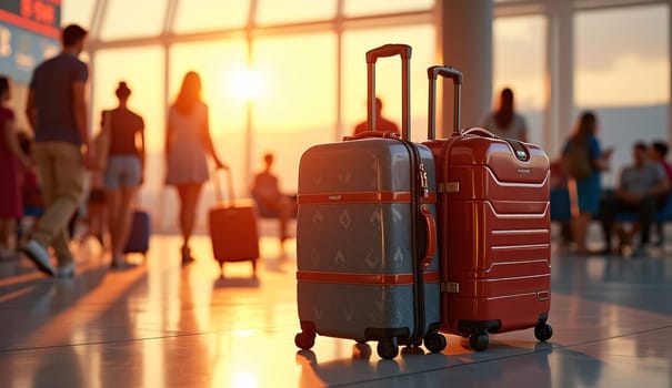At a colorful sunset, two pieces of luggage are positioned in an airport, reflecting light that accentuates the building's architecture and represents travel and change. . High quality photo