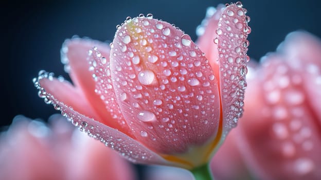 Close-up macro shot of a pink tulip covered in fresh water droplets, highlighting delicate petals with a soft-focus background and moody lighting.