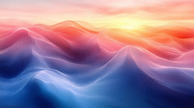 Digital artwork depicting surreal rolling hills in red, blue, and orange hues with a dreamy, ethereal glow.