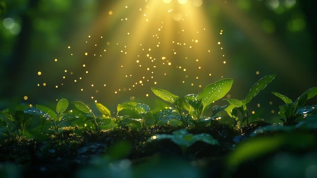 Young green seedlings with dewdrops illuminated by golden sunlight in a lush forest, with glowing particles floating in the air, creating a magical atmosphere.