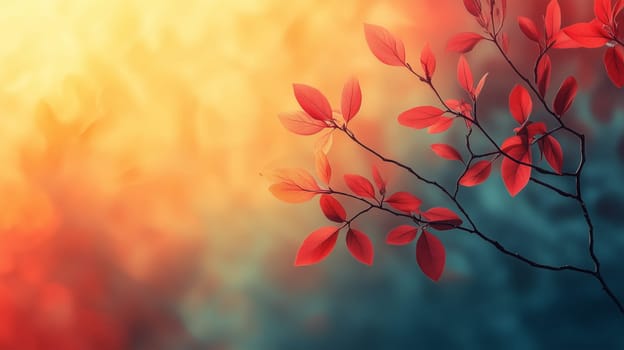 Artistic close-up of a red leaves branch against a soft-focus golden and teal background, creating a warm, dreamy, and autumn-inspired composition.