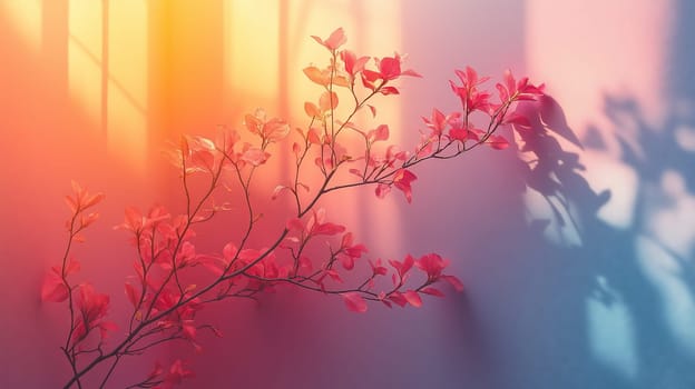 A branch of pink flowers gently illuminated by warm sunlight, casting delicate shadows on a soft gradient wall in a peaceful, serene setting.