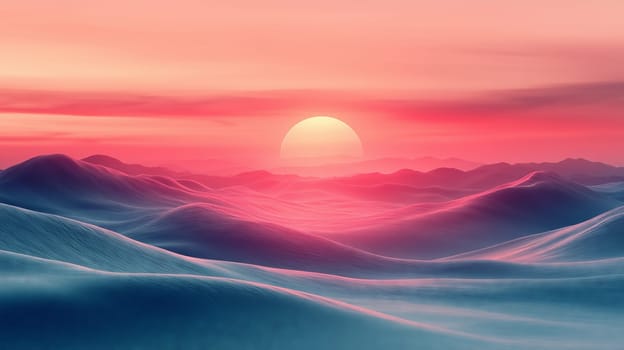 A surreal landscape featuring smooth, rolling dunes bathed in soft pink and blue hues, with a glowing sun setting over distant mountains in a pastel sky.