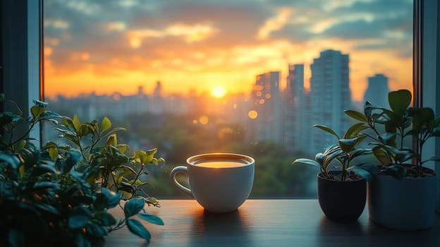A white coffee cup sits on a windowsill surrounded by green plants, overlooking a blurred city skyline at sunrise with warm golden light.