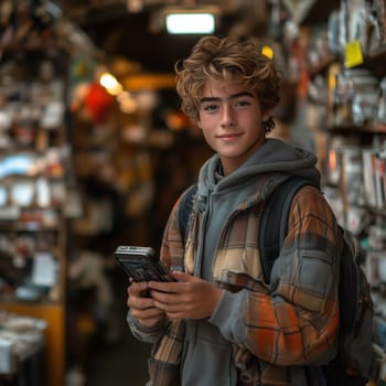 A young teenage boy with curly hair wearing a plaid jacket and hoodie, holding a retro gaming console while standing in a market filled with various items.