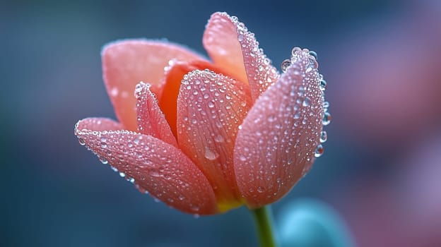Close-up macro shot of a pink tulip covered in fresh dewdrops, highlighting delicate petals with a soft-focus background and moody blue tones.