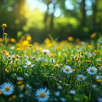 A serene meadow filled with blooming white daisies and yellow wildflowers, bathed in golden sunlight with a blurred green forest in the background.