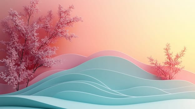 Digital artwork featuring pink cherry blossom trees set against flowing pastel hills in shades of blue and pink, with a soft gradient background.