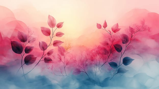 Artistic composition of delicate red and blue leaves blending into a misty, surreal background with warm light, creating a peaceful and ethereal atmosphere.