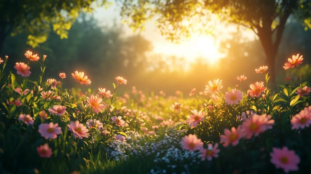 A dreamy meadow filled with blooming pink wildflowers bathed in warm golden sunlight, surrounded by lush greenery and softly blurred trees in the background.