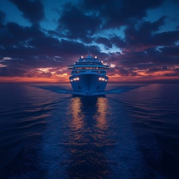 A large luxury cruise ship moves through calm ocean waters at sunset, with warm lights glowing and a dramatic sky reflecting on the sea surface.