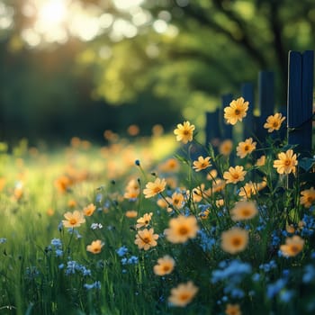 A serene meadow with yellow and blue wildflowers growing beside a rustic wooden fence, bathed in soft, golden sunlight with a blurred green forest background.