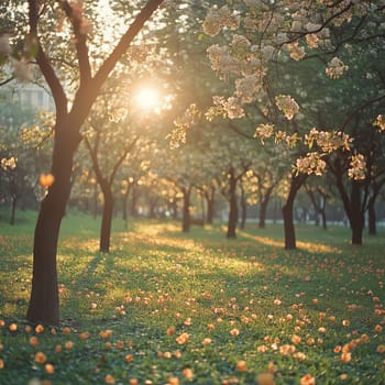 A serene orchard with flowering trees and scattered blossoms on the grass, bathed in warm golden sunlight during a peaceful springtime afternoon.
