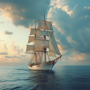 A classic tall ship with full sails gliding across the ocean, illuminated by soft sunlight with dramatic clouds in the background.