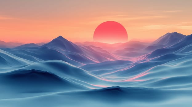 A dreamlike landscape featuring smooth blue dunes under a pastel sky, with a large glowing red sun setting in the distance, creating a futuristic and serene atmosphere.