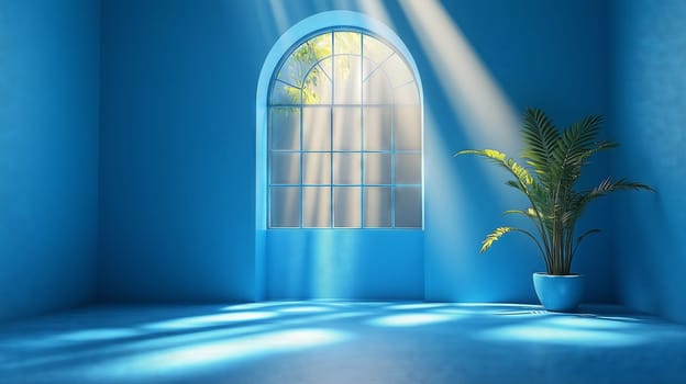 A tranquil interior featuring an arched window with sunlight streaming in, casting soft shadows on blue walls and floor, with a green potted plant in the corner.
