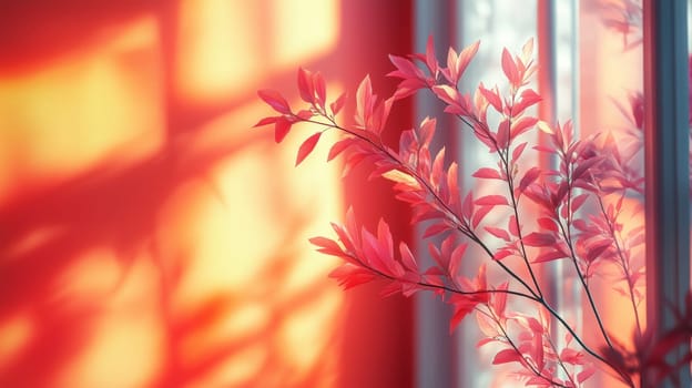 Delicate red leaves on a branch near a window with golden sunlight casting soft shadows on the wall, creating a warm and serene atmosphere.