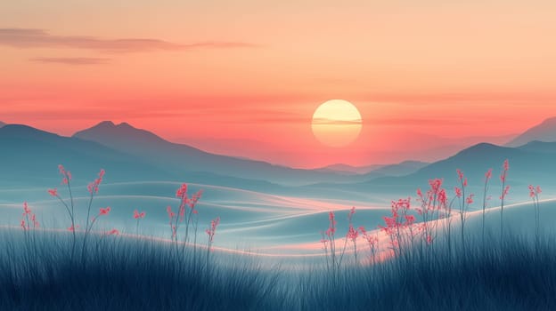 A dreamy, surreal landscape featuring soft blue dunes, delicate pink wildflowers, and a glowing sun in a pastel sky, creating a tranquil and ethereal atmosphere.