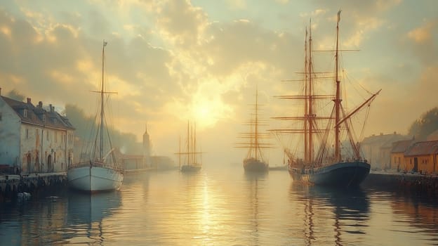 Atmospheric digital painting of historic sailing ships docked in a misty harbor with golden sunrise light reflecting on calm water, surrounded by old buildings.