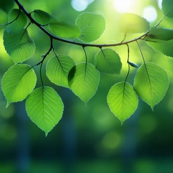A close-up of vibrant green leaves on a tree branch, illuminated by soft sunlight, with a blurred forest background creating a peaceful natural scene.
