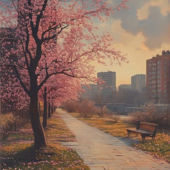 A beautiful urban scene with cherry blossom trees in full bloom, a paved walkway, and a park bench, bathed in warm golden sunset light.