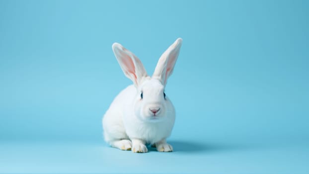 Cute white rabbit on isolated blue background. High quality photo