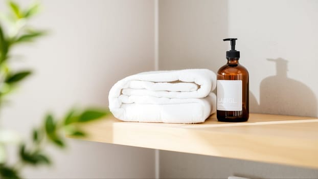 Spa treatment set, wooden shelf with neatly folded towels and dispensers for soap, cream, massage oil. High quality photo