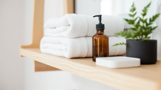 Spa treatment set, wooden shelf with neatly folded towels and dispensers for soap, cream, massage oil. High quality photo