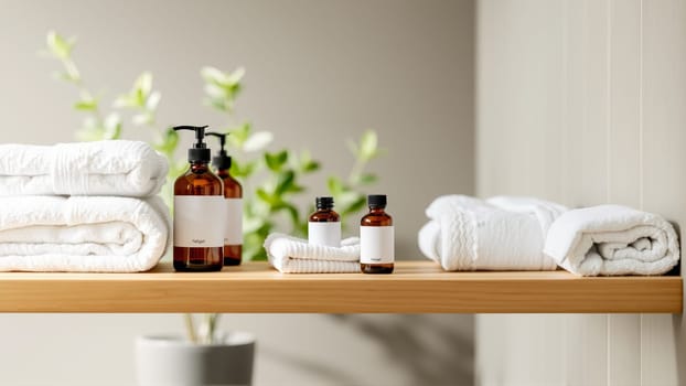 Spa treatment set, wooden shelf with neatly folded towels and dispensers for soap, cream, massage oil. High quality photo