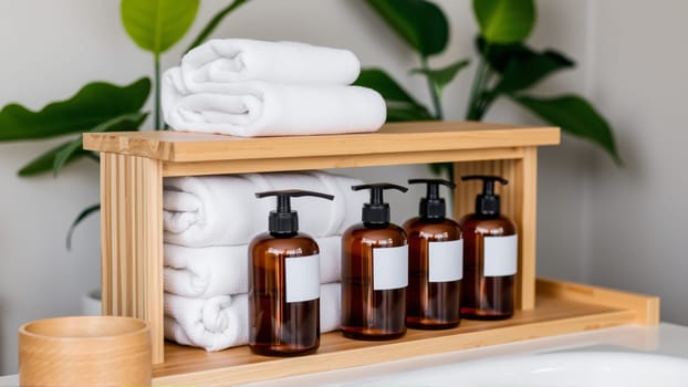 Spa treatment set, wooden shelf with neatly folded towels and dispensers for soap, cream, massage oil. High quality photo