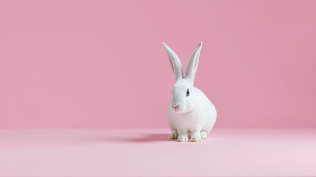 Cute white rabbit on isolated pink background. High quality photo